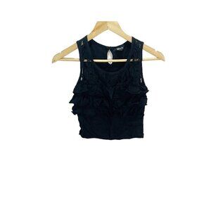 Guess Jeans S Black Sleeveless Ruffle Lace Crop Top Womens Casual Stretch